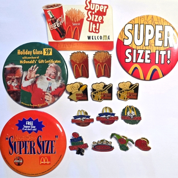 Lot of 16 Vintage 1990s McDonalds Crew Buttons Employee Pins Super Size Monopoly - Picture 1 of 10